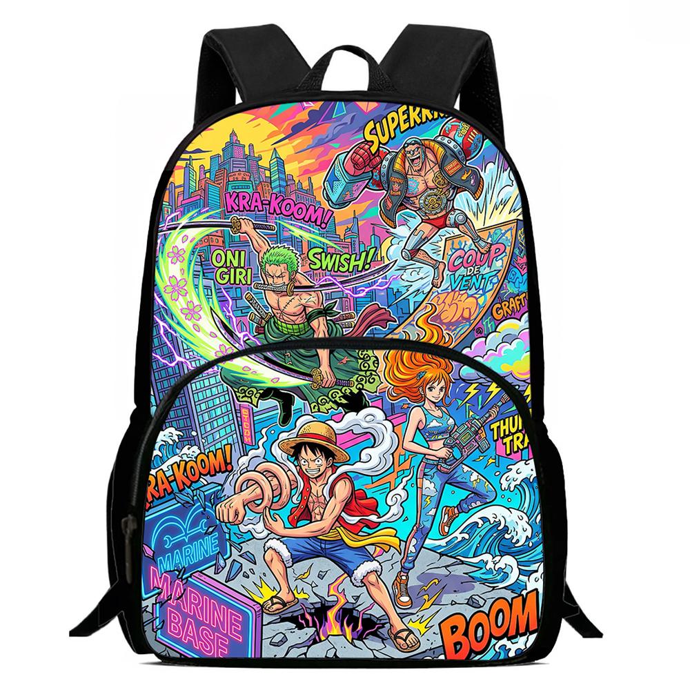 15 Inch Cartoon One Piece Backpack with Front Pocket, Light Weight Unisex School Backpack for Boys Girls Age 6-10 Travel Daypack
