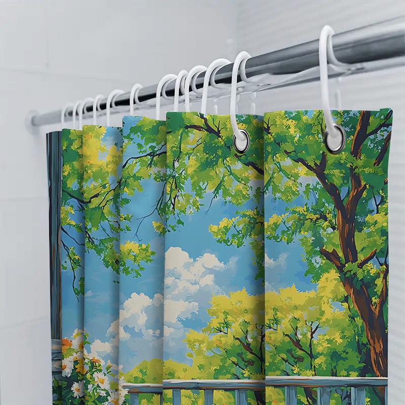 Artistic Balcony View Shower Curtain - Nature Scene with Sunflowers and Blue Sky  for Stylish Home Upgrade Waterproof  Durable