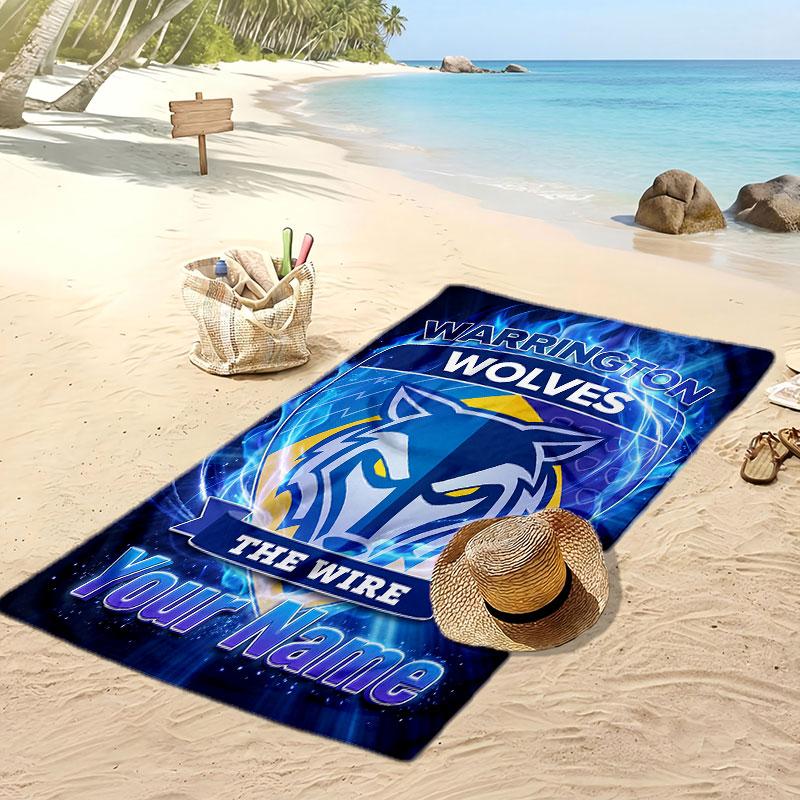 Warrington Wolves FC Personalized Printed Beach Towel Soccer Logo Support Custom Name Text Absorbent Towel For Sport Travel Special Gift