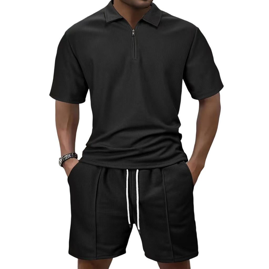 Men's  Sports  Leisure  Half  Zipper  Short  Sleeves  Shirt   And  Pull  Rope  Shorts  Set