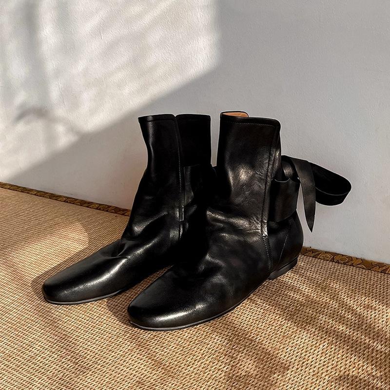 

Кожаная ниша полированные ботинки Мартин женские осенне-зимние ботильоны Челси бант на плоской подошве плиссированные ботинки на наборном каблуке 38