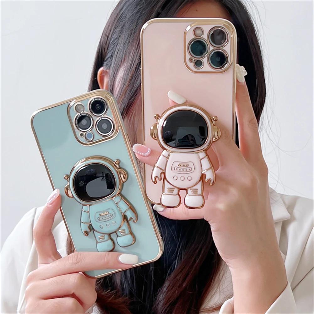 Luxury Astronaut Stand Holder 6D Plating Phone Case For Samsung A7 2018 A11 A21S A31 A51 A71 A81 A91 Soft Silicone Back Cover