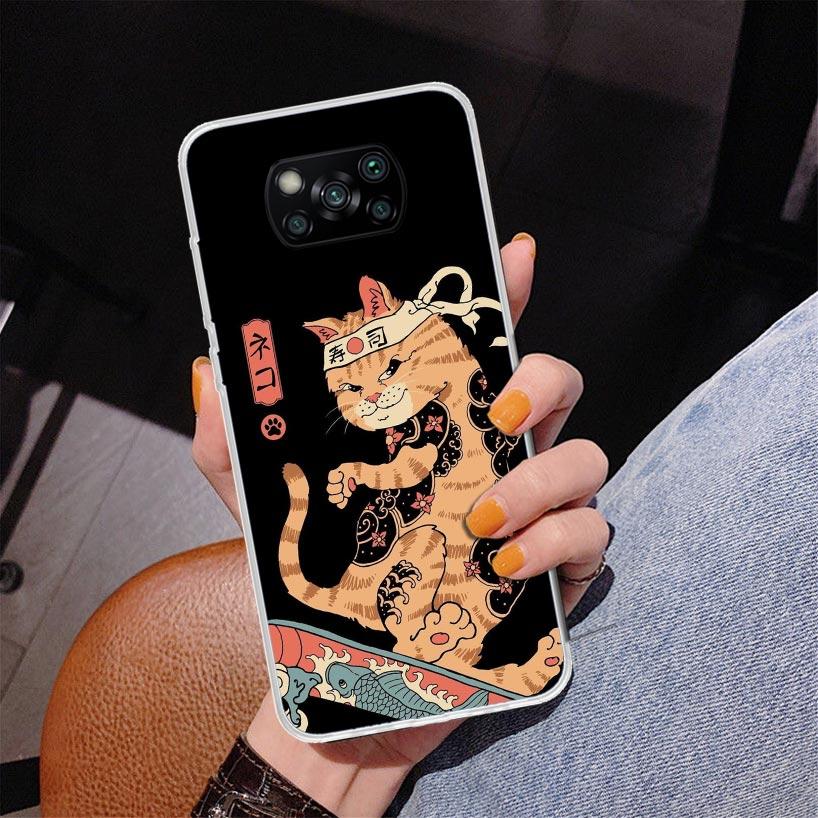Ramen Sushi Samurai Tattoo Cat Phnoe Case for Xiaomi Poco X5 X6 X7 Pro X4 Gt F7 Ultra M8 M7 Redmi 15C 15 13C 13 12C 12 Unique Co
