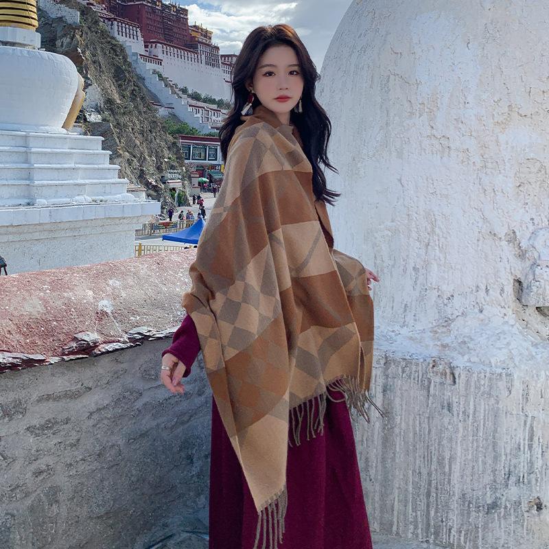 

Autumn and Winter New Simple Starry Space Tassel Shawl Scarf Dual Purpose Retro Tassel Plaid Imitation Cashmere Scarf for Women 63*180cm