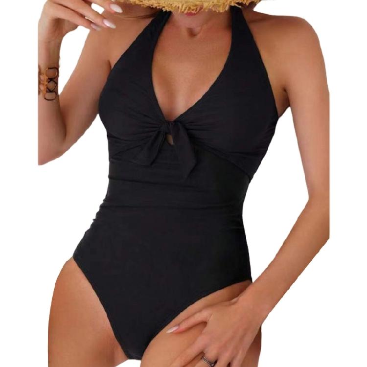 

One Pieced Swimsuit for Women Breathable Swimwear Solid Color Contrasting Bathing Suit Beachwear Backless Design M чорний