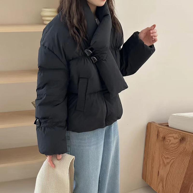 

Fashion sweet down jacket women s short 2025 winter new stand-up collar horn buckle warm white duck down scarf bread clothes One Size