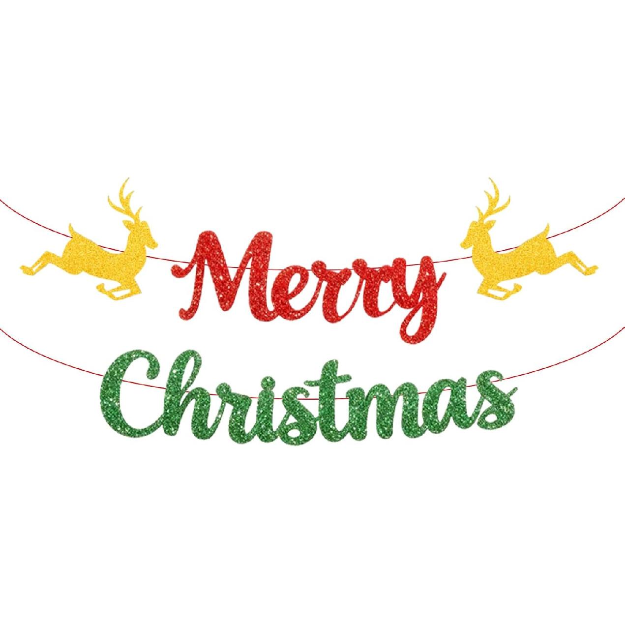 Merry Christmas Banner Glitter Christmas Decorations Reindeer Hanging Banner for Home Outdoor Xmas Holiday Party Decorations Supplies Red Green Gold Christmas