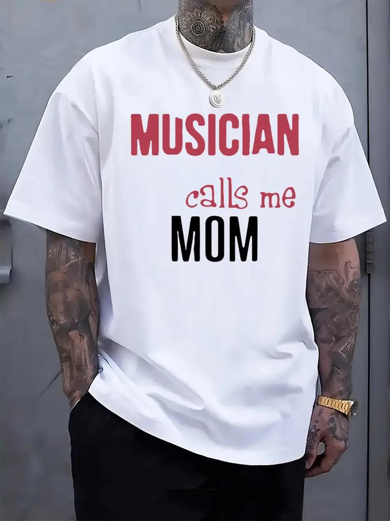 "Musician Calls Me Mom" Graphic T-shirt - Light Grey Casual Short Sleeve Tee with Bold Red & Black Print