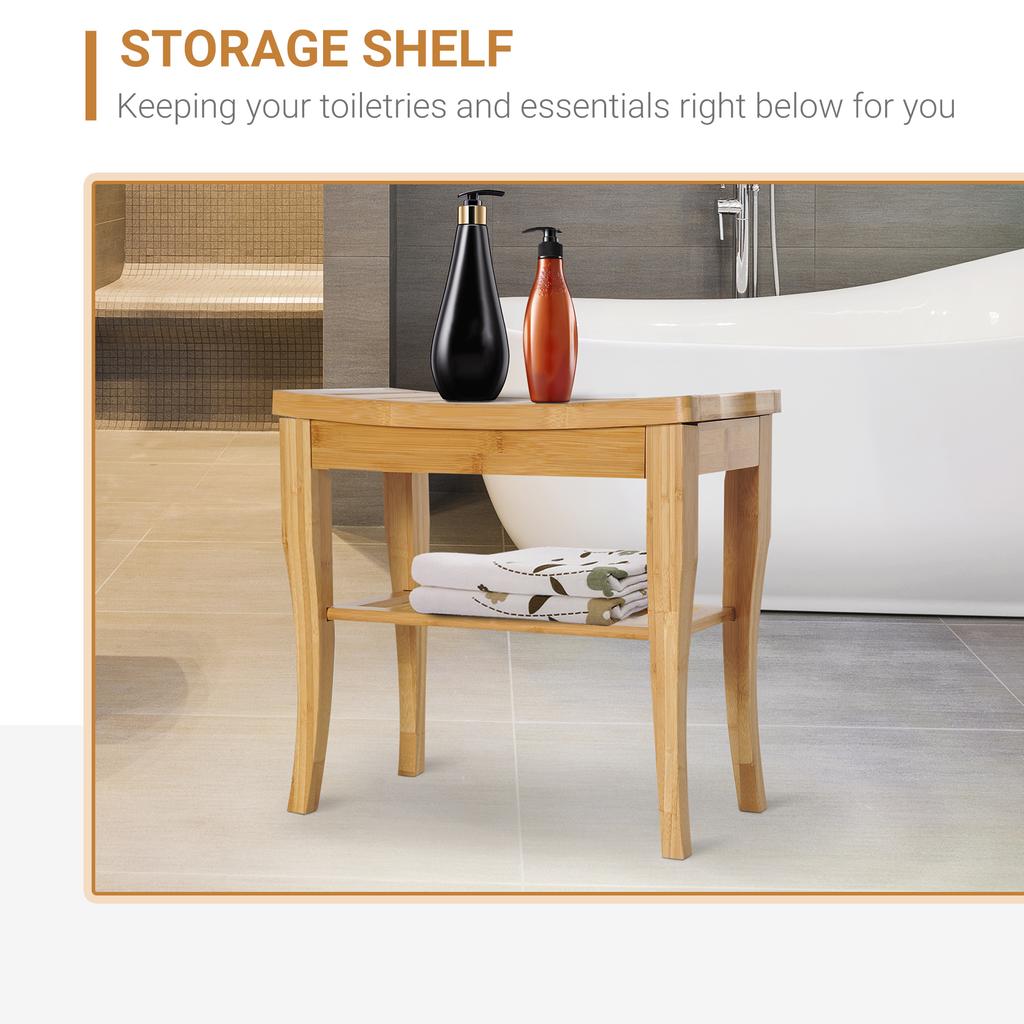 45cm 2-Tier Slatted Shower Bench Storage Seat W/ 4 Legs Comfortable Safe Bathroom Stool Spa Bath Organiser
