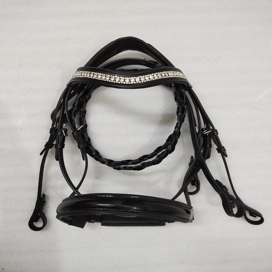 Leather Padded Dressage Bridle with White Colour Stone and Leather Plaited Reins.