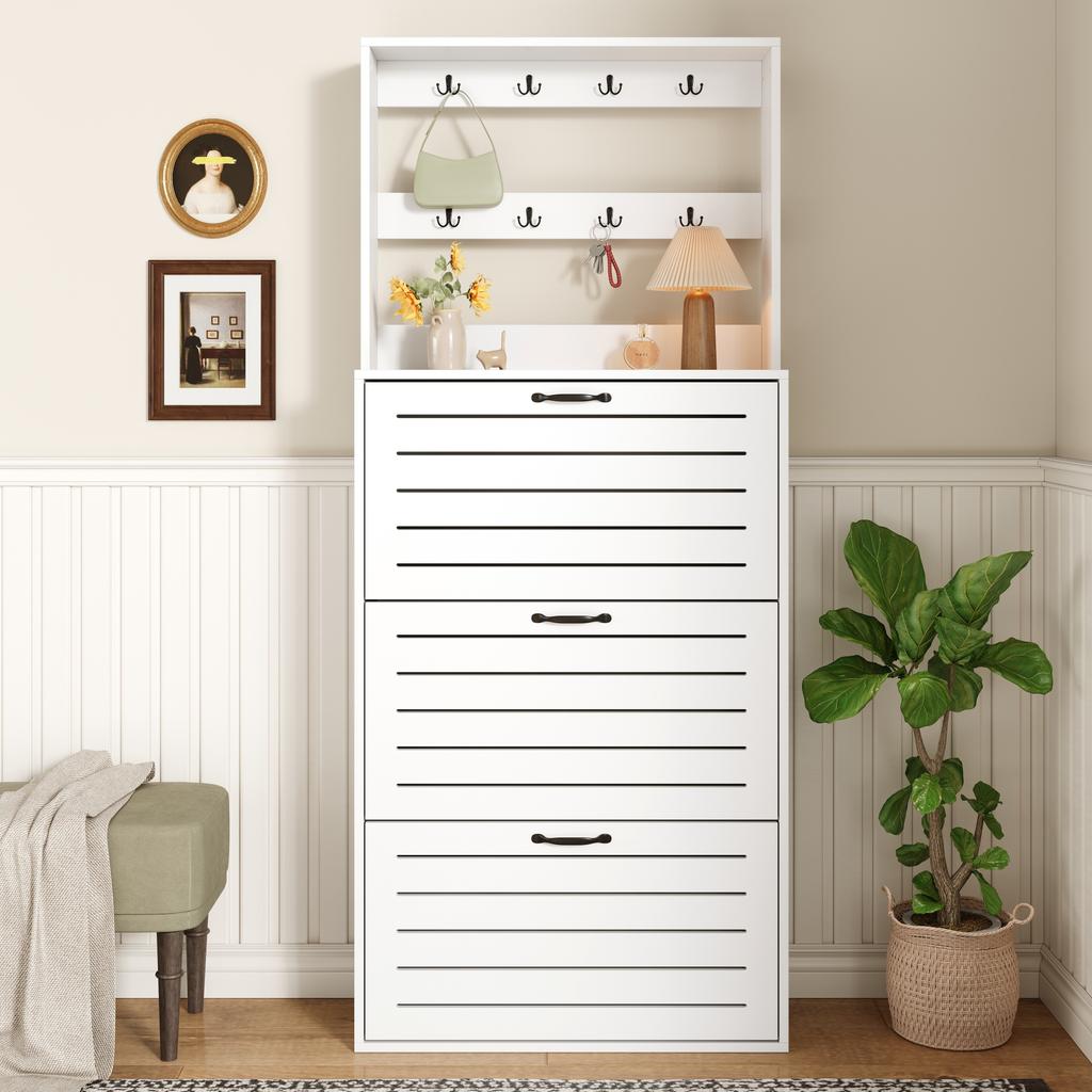 Shoe cabinet with 3 doors, shoe rack, shoe cabinet with hooks, storage for hats, bags, offers space for 15 pairs of shoes