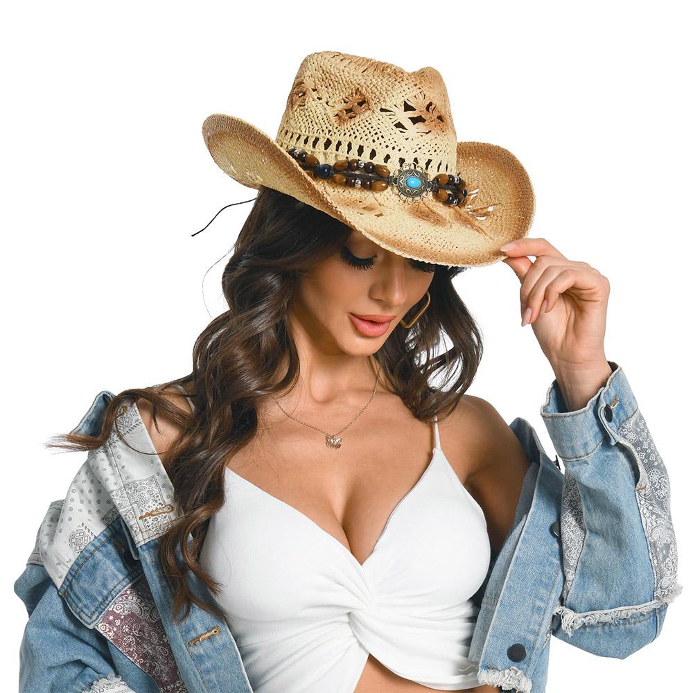 Wide Brim Beach Sun Hat with Vintage Decorative Bands Western Cowgirl Hat Cowboy Hat  for Holiday
