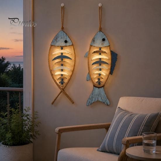 Wooden Decorative Pendant Fish Wall Hanging With/Without LED Light, Nautical Decor, Coastal Theme Fishbone Durable Fine Craftsmanship Decor