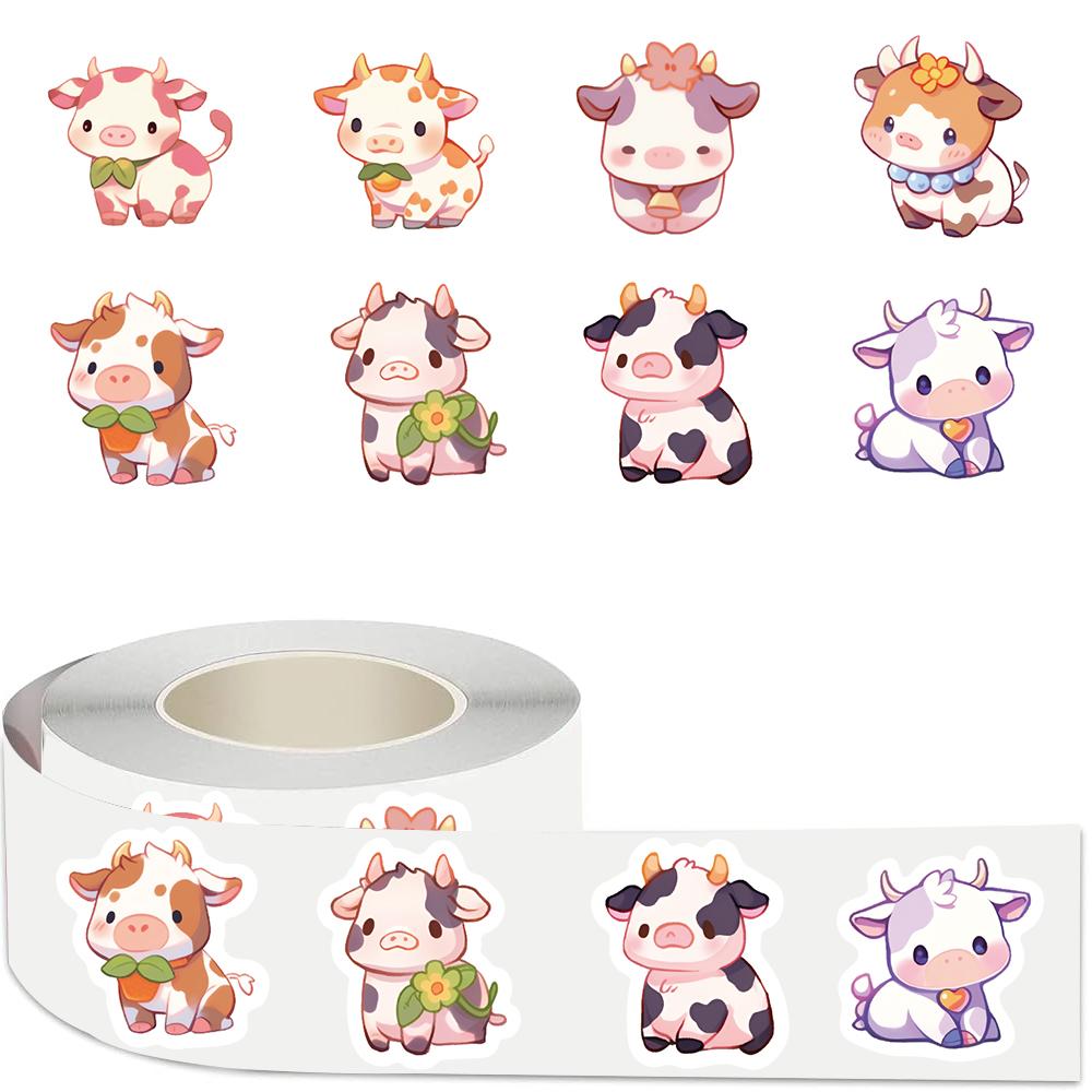 500PCS Cute Cows Stickers Rolls Aesthetic Cartoon Rainbow Cow Sticker Cute Animal Waterproof Vinyl Decals for Teens Laptop