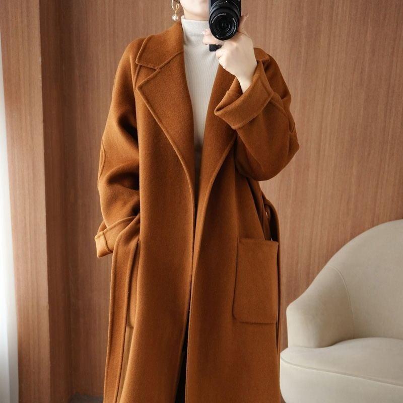 Cappotto di lana stile francese con cintura da donna, lungo, vestibilità ampia, semplice, elegante, autunno, inverno, caldo, soprabito