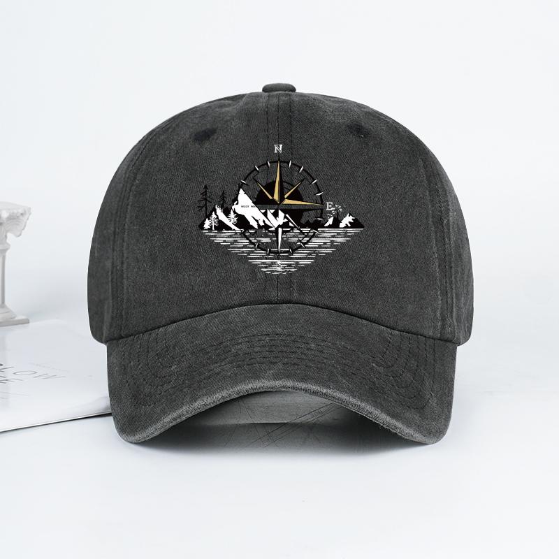 Compass Mountain Print Washed Baseball Cap Adjustable Unisex Vintage Outdoor Hiking Sun Hat