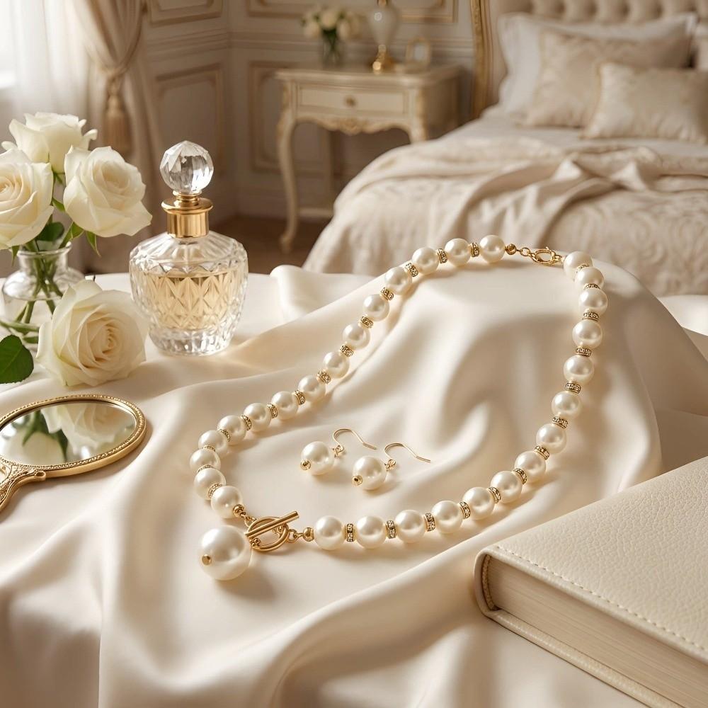 Zircon Pearl Necklace Beaded Earrings Necklace Set New Women's Pearl Jewelry  Anniversary