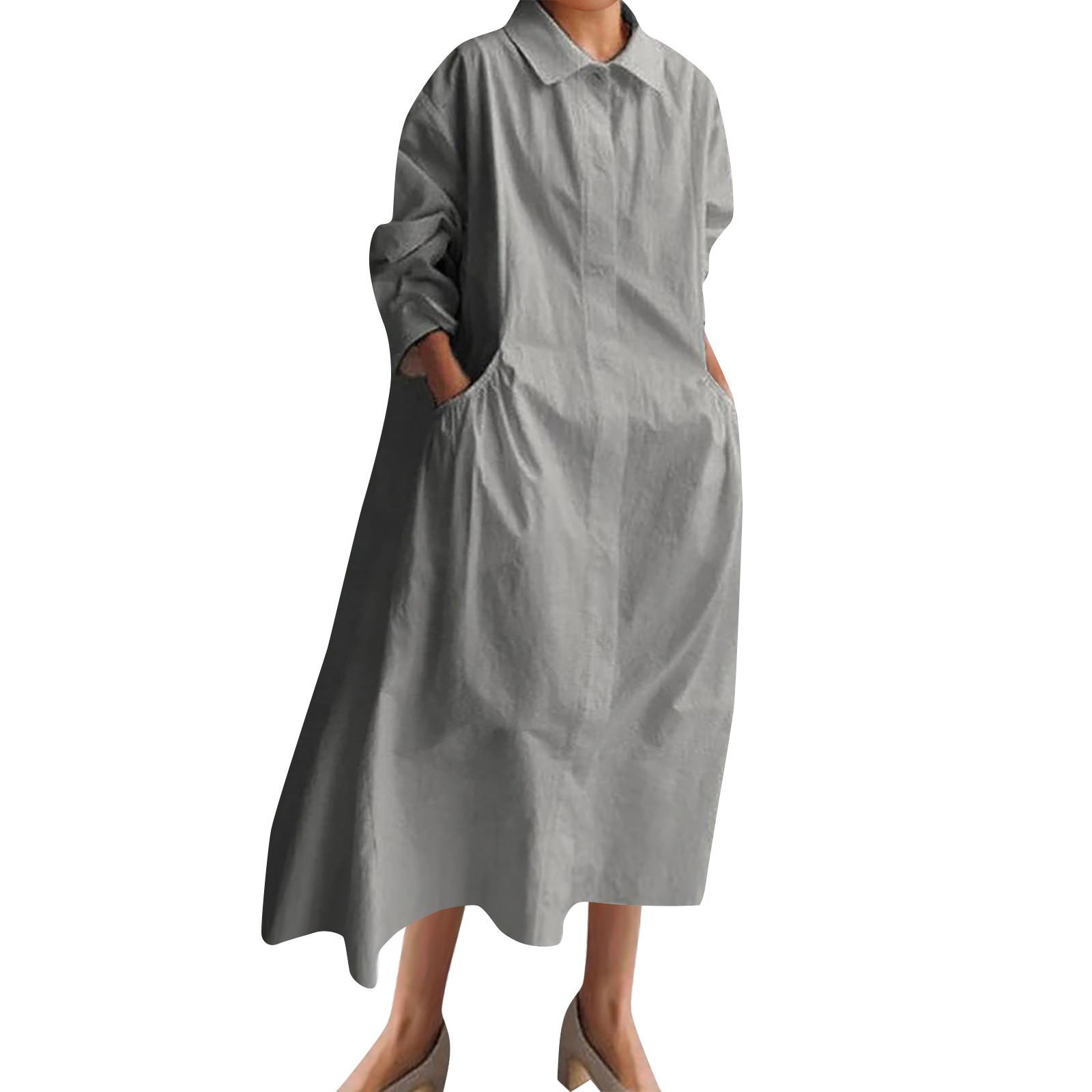 Женское повседневное однотонное свободное платье с длинными рукавами XL серый — фото 3