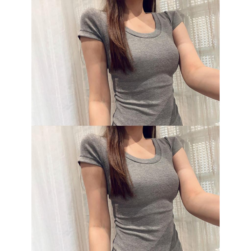 Gentle Girly U-Neck Threaded Bottom Top Short Sleeve Women's Summer Slim Skinny Spice Girl Shoulder Basic T-Shirt