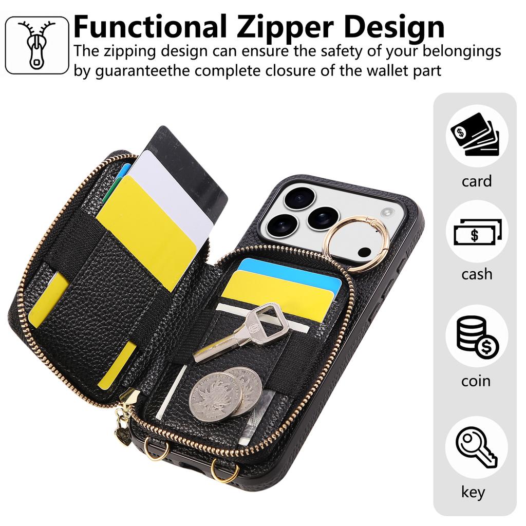 Leather Crossbody Lanyard Phone Case for IPhone 17 Air 16 15 14 13 12 11 Pro Max XS XR 8 7 Plus with Card Holder Zipper Wallet