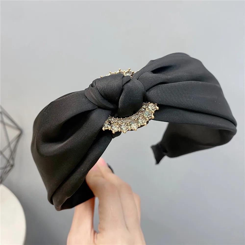 Korean Diamond Crystal Rhinestone Knot Headband for Women Solid Satin Hairband Women Hair Accessories Boutique Bezel Hair Hoop