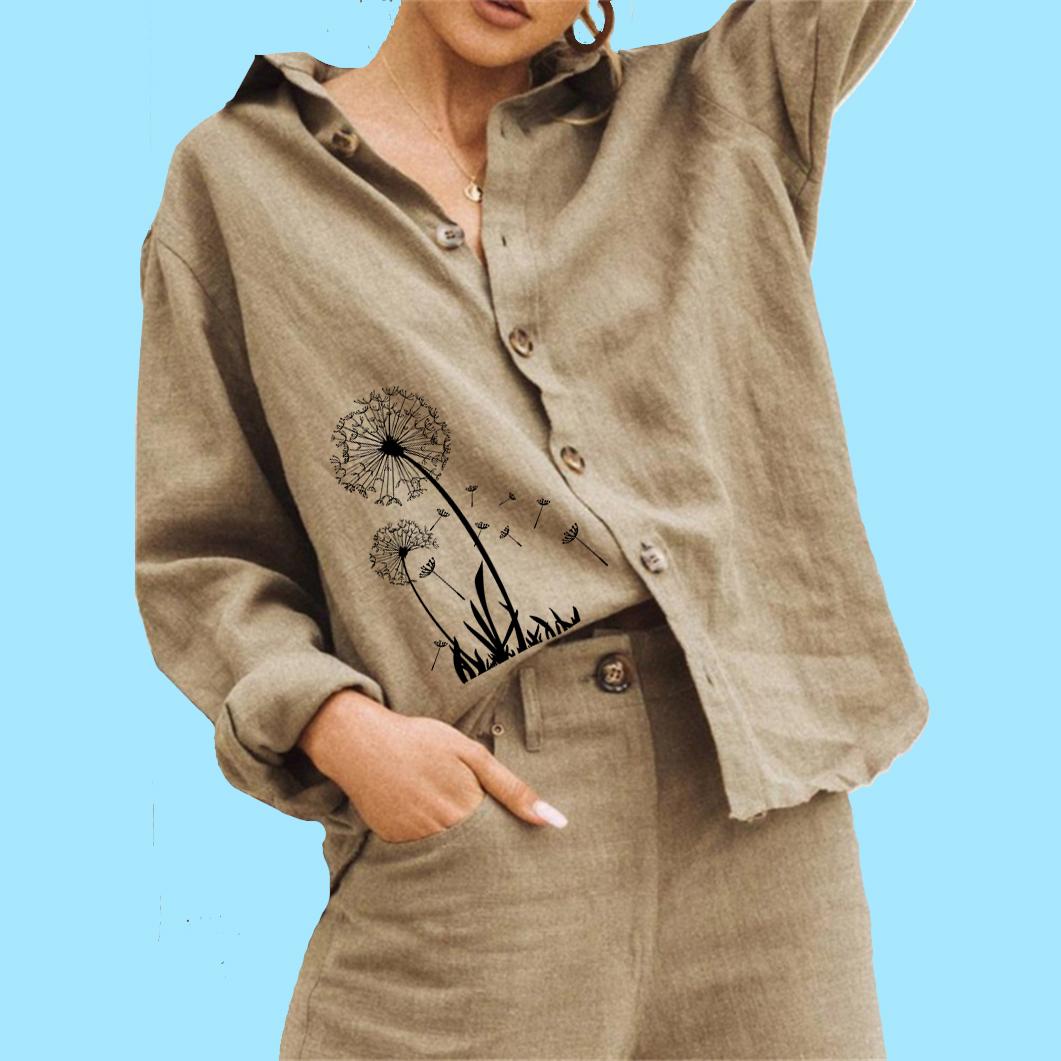 

Женская модная блузка с цветочным принтом, повседневная льняная рубашка на лето и осень, свободный топ с длинными рукавами на пуговицах 3XL хаки