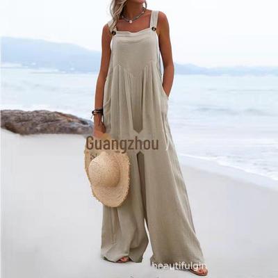 Women's Ethnic Style Solid Color Button Jumpsuit with Wide-Leg Pants (Summer 2023)