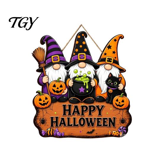 Autumn Theme Sign Halloween Wooden Hanging Sign, Happy Door with Gnomes/Ghosts, Retro Festive Window Harvest Festival Wall Decoration for Home