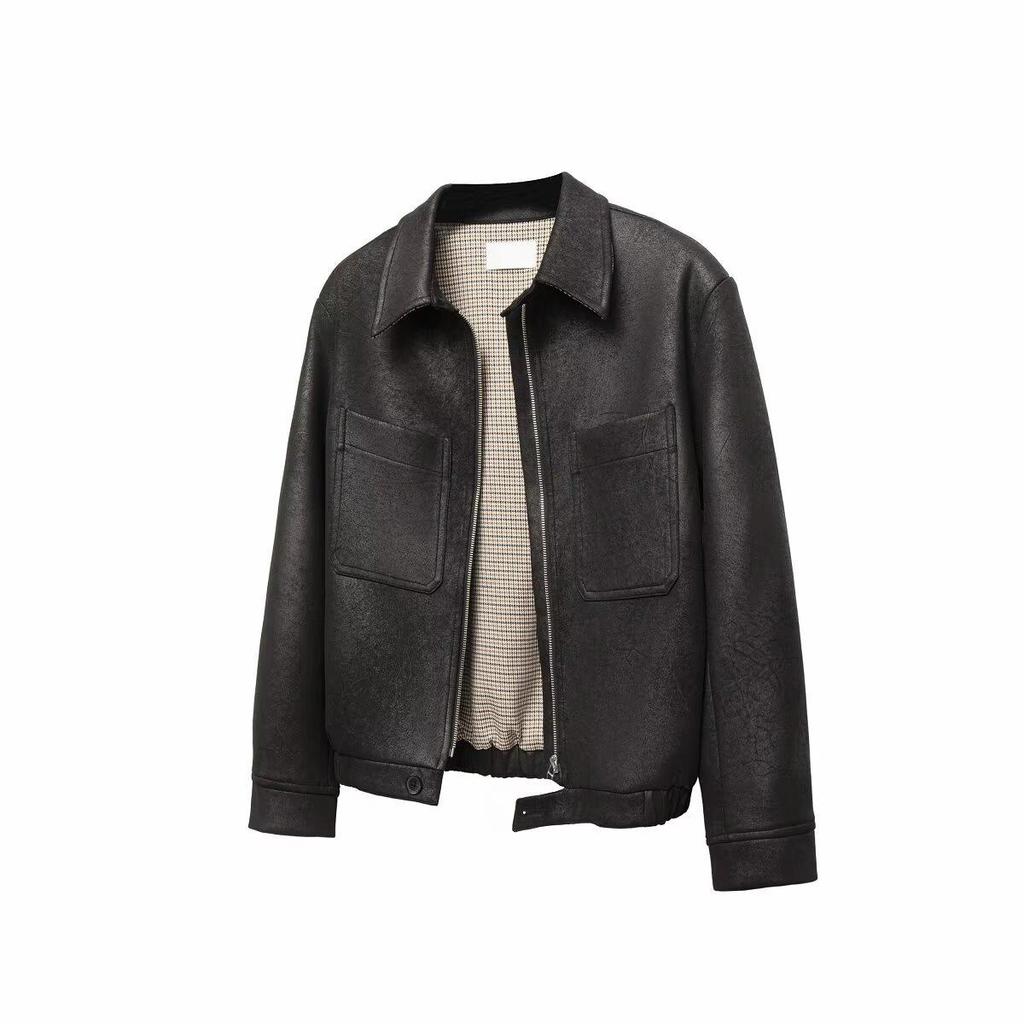 Men's Korean-Style PU Leather Houndstooth Lined Hunting Jacket - Autumn/Winter Casual Outerwear