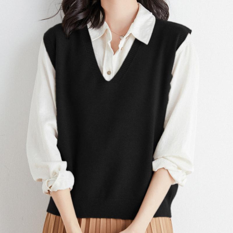 IHUASU Women's Autumn and Winter Loose V-neck Knitted Waistcoat Solid Colour Short Section Sleeve Head Sleeveless Outer Shoulders Vest