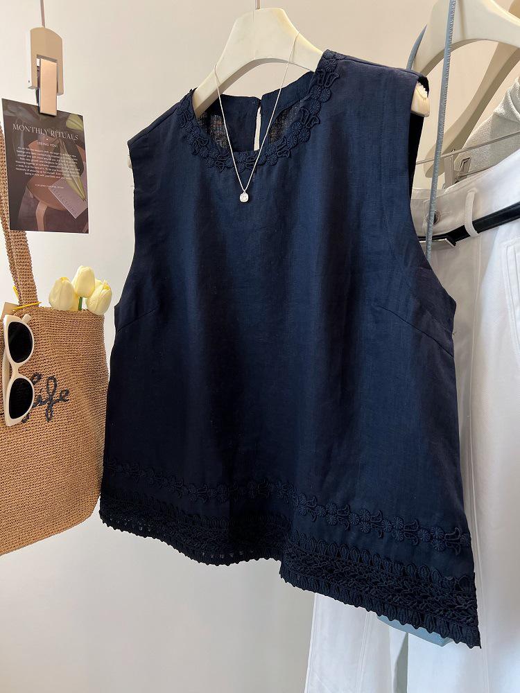 240 Jin Women's Sleeveless Lace Linen Vest – Heavy-duty, High-grade, Loose Round Neck Summer Top