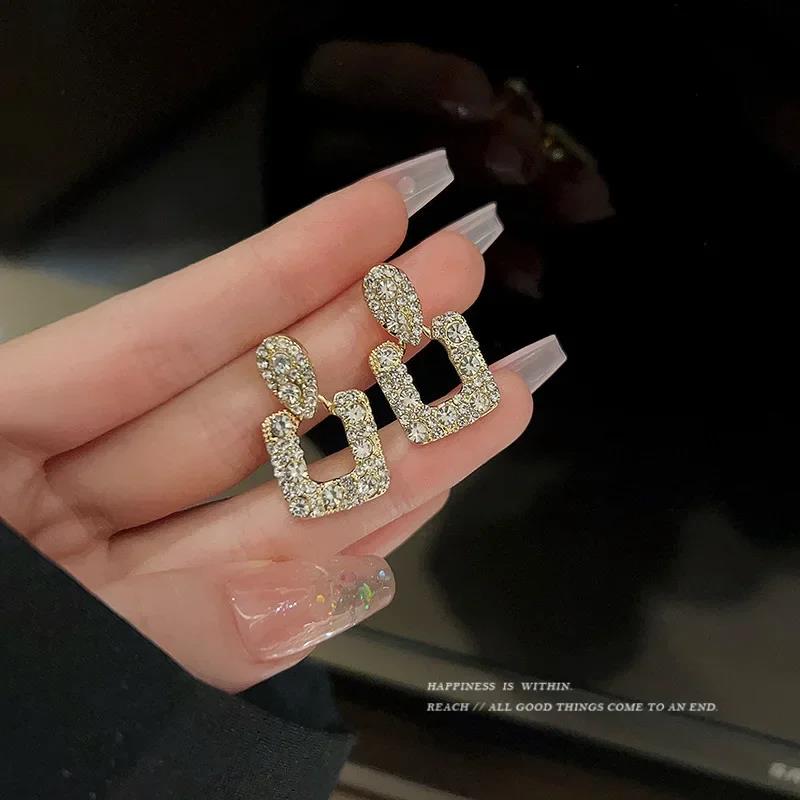 Vintage Geometric Square Women's Drop Earrings Full with Dazzling Crystal Stone Sparkling Earrings Party Jewelry Holiday Gift