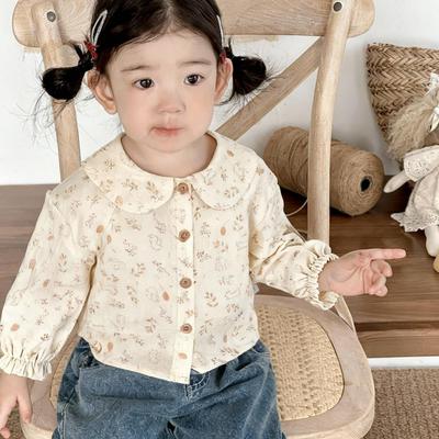 Autumn 2025 Girls' Floral Blouse with Peter Pan Collar – Trendy Rabbit Design, Korean Style