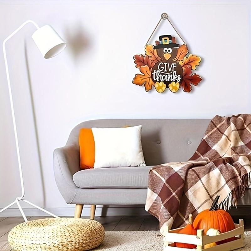 Thanksgiving Turkey Sign Decoration Handmade Wood Front Door Hanger Festival Wall Hanging Wreath Accessory with Lanyard