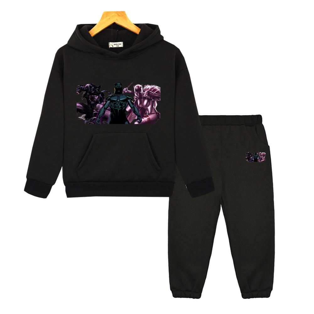 Autumn Black Panther Hoodie Fleece Sweatshirt Kawaii Jacket 2pcs pullover+Pant Boy Girls Hooded Spors Sets Kids Boutique Clothes