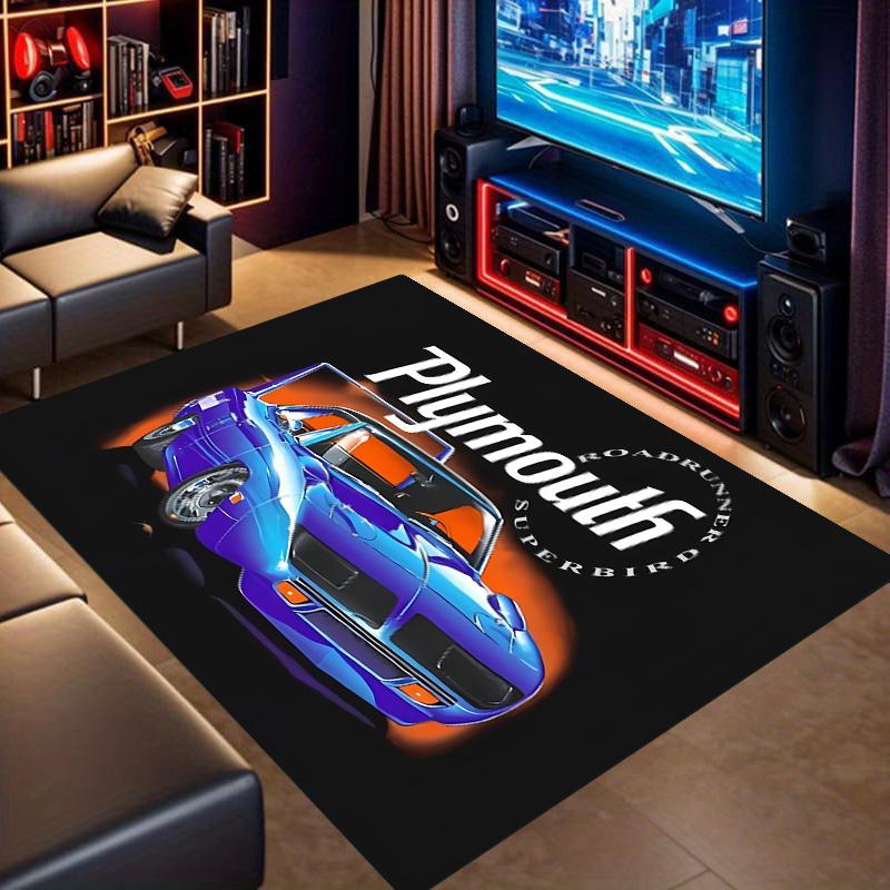 Plymouth Superbird Classic Muscle Car Orange Flame Effect Black Print Area Rug Vintage Race Car Non Slip Entryway Floor Mat Auto Fan Decor Rug