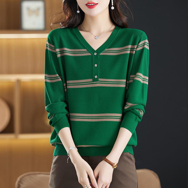 DAFIFY Women's Fashion Casual Fall Winter Stripe Print Long Sleeve V-Neck Sweaters