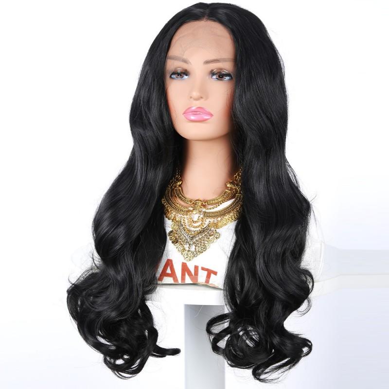 European American Front Lace Wig Women's Long Curly Hair Black Big Wave High Temperature Silk Headgear