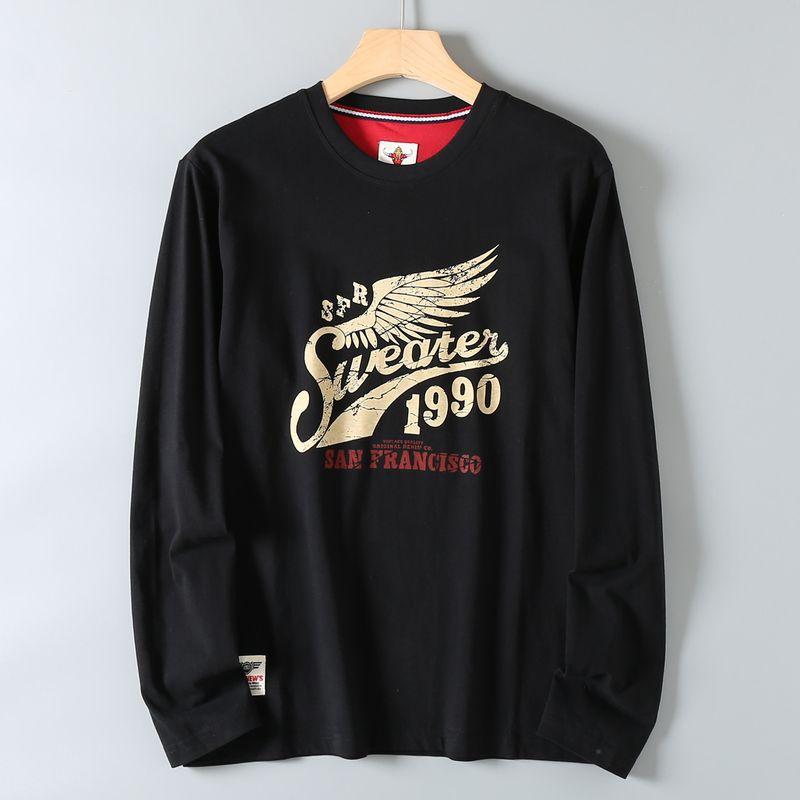 Men's Export Surplus Washed Cotton Non-Feeling-Printed American-Style Casual Early Autumn Long-Sleeve Crew Neck T-Shirt
