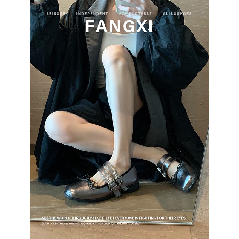 Cowhide Version of Spring and Autumn Bow Square Head One-word Buckle Mary Jane Shoes Women's Small Leather Shoes Flat Single Shoes Shallow Jk Shoes