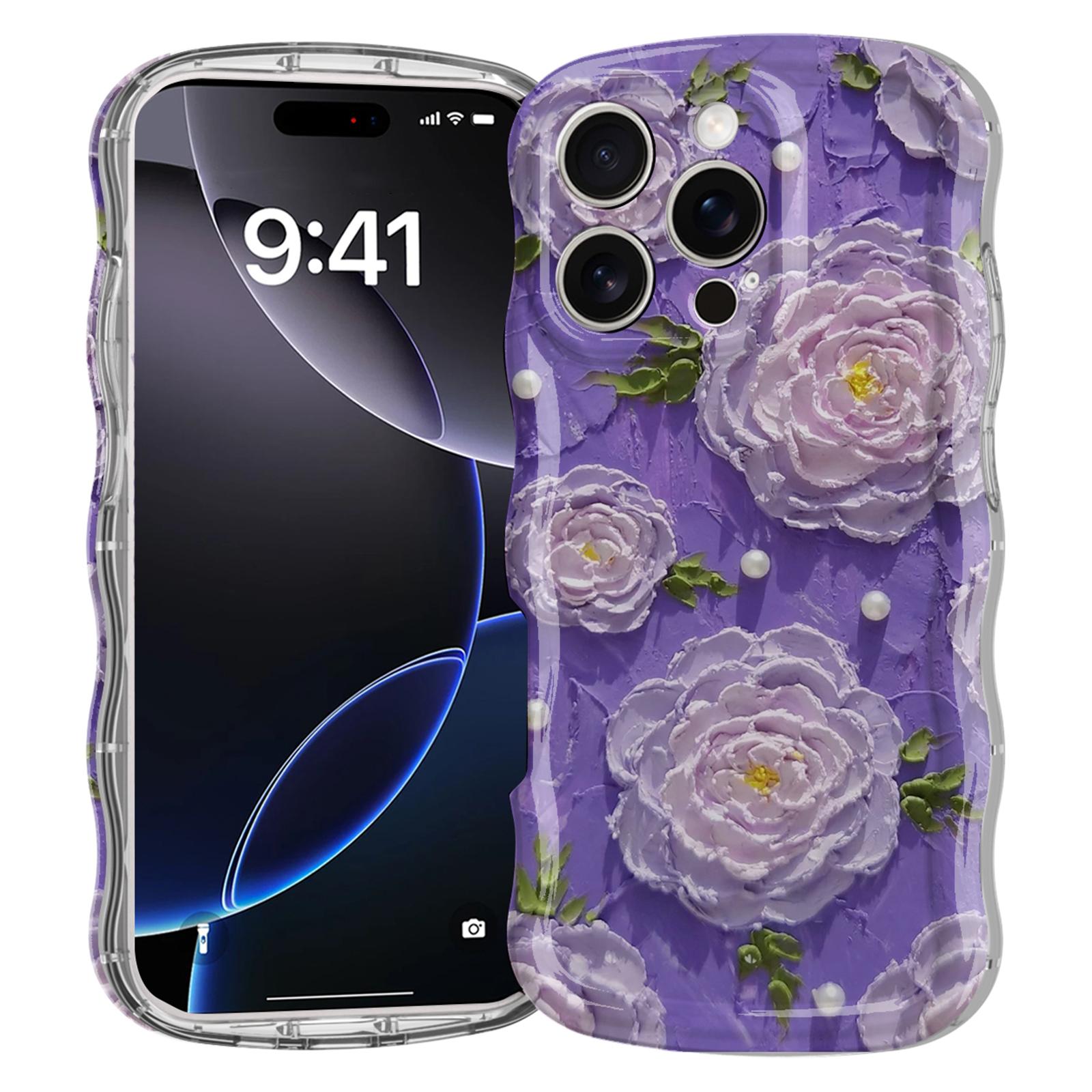 

For iPhone 16 Pro Case Curly Wave Frame Floral IMD TPU Phone Cover C