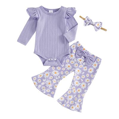 Baby Girl 3 Piece Fall Outfit Long Sleeve Ribbed Romper Daisy Flare Pants Bow Headband