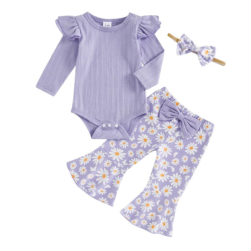Baby Girl 3 Piece Fall Outfit Long Sleeve Ribbed Romper Daisy Flare Pants Bow Headband
