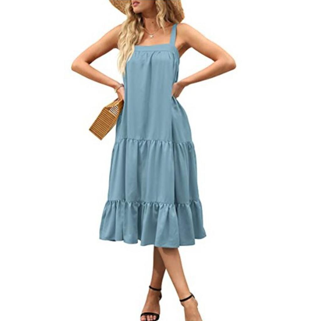 Ladies Casual Sexy Solid Color Suspender Loose Layered Pleated Beach Dress