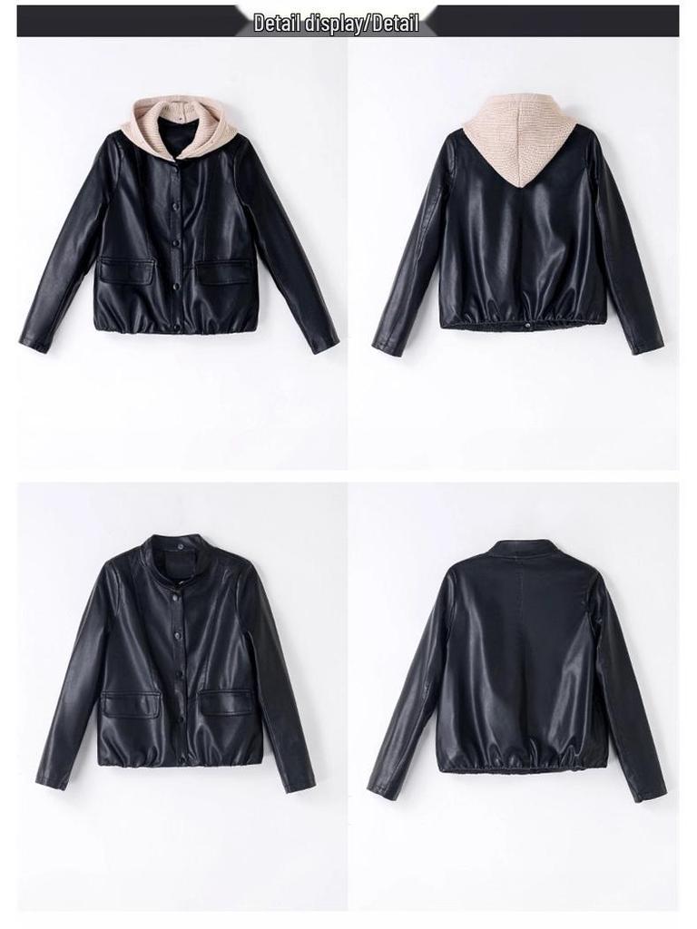Modna damska kurtka ze skóry PU - z kapturem, ocieplana polarem, dopasowana, krótki styl Petite na wiosnę i jesień 2025