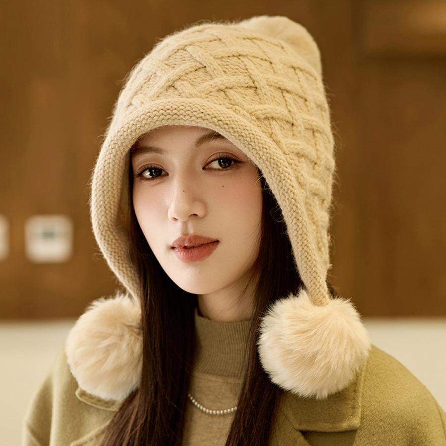 Winter Thick Velvet Knitted Hat Outdoor Warm Ear Protection Three Hair Ball Wool Hat