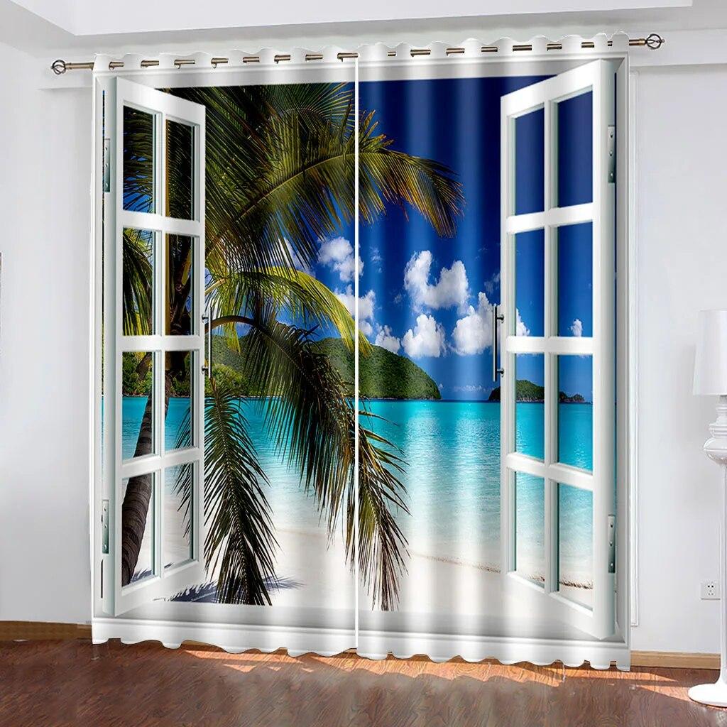 

3D занавес с цифровым принтом, пляжные пейзажи, шторы для гостиной, спальни, домашний декор, занавеска, дерево, голубое небо W50xH130(CM)x2PCS-Grommet Top
