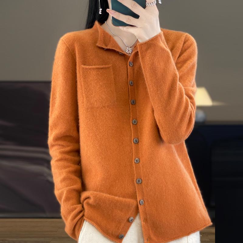 100% Merino Wool Women's Sweater Cardigan Fashion Crewneck High Quality Crimped Knit Sweater Pure Color Pocket Loose Sweater