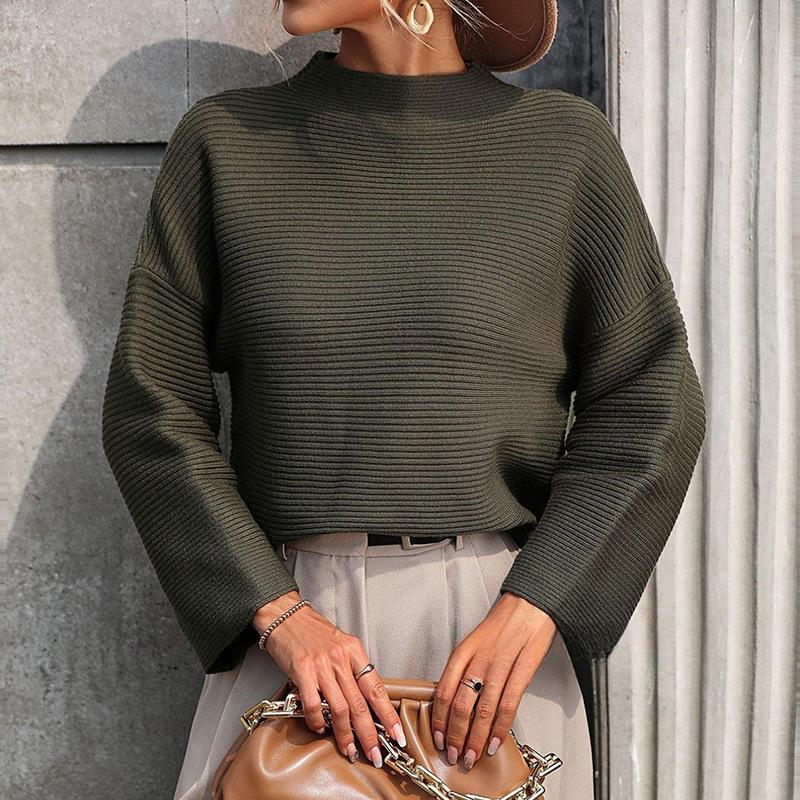 Autumn New Nine Point Sleeve Pullover Sweater Loose Women's Top Solid Color Long Sleeved Base Shirt Casual Versatile