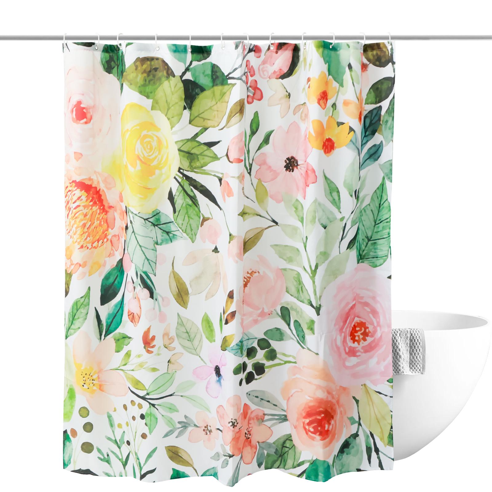 Flower Shower Curtain Bathroom Curtain with 12 Hooks Polyester Waterproof Colorful Leaf Flower Shower Curtain for Home Bathroom